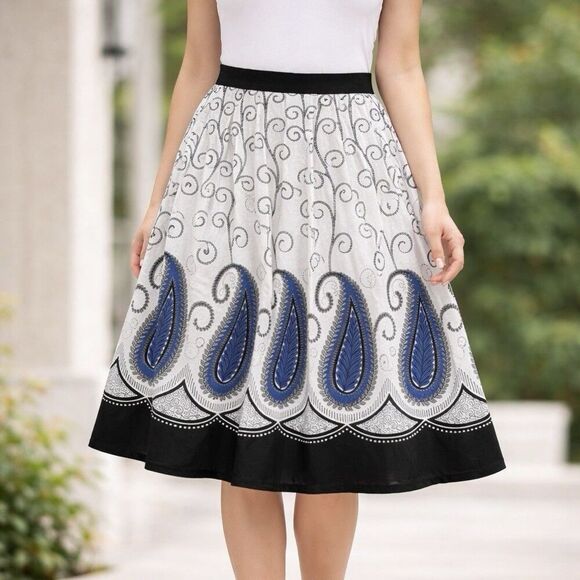 Studio West Dresses & Skirts - Studio West Paisley A-Line Skirt Blue Black White Cotton Midi Flared Size L